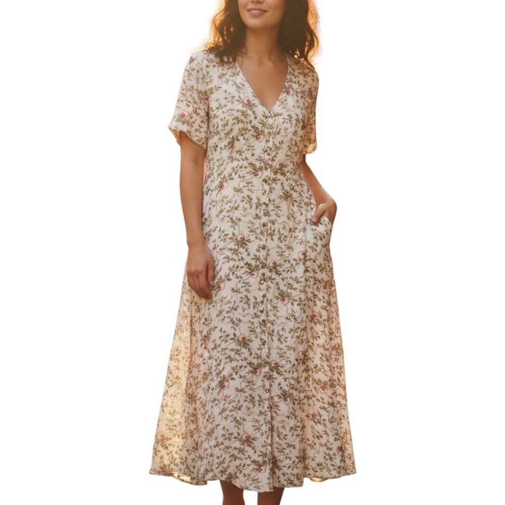 Nostalgia Vintage Cream Floral Short Sleeve Midi Dress LARGE